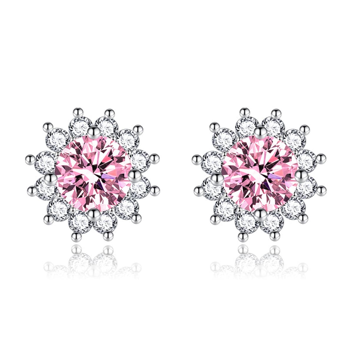 Pink Crystal & Cubic Zirconia Silvertone Flower Stud Earrings