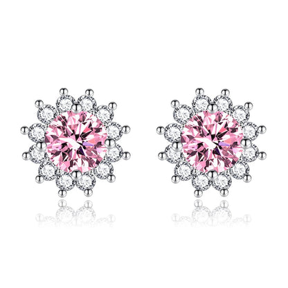 Pink Crystal & Cubic Zirconia Silvertone Flower Stud Earrings