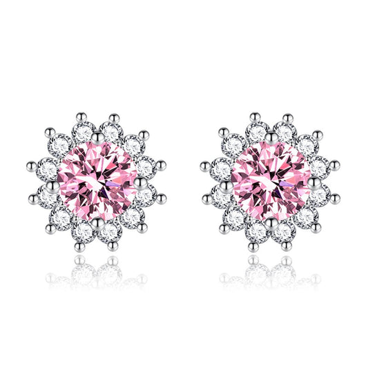 Pink Crystal & Cubic Zirconia Silvertone Flower Stud Earrings