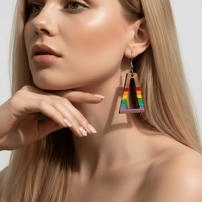 Multi-Colored Resin & Wood Silvertone Open Stripped Trapezoid Hook Earrings