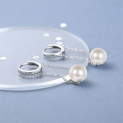 Cubic Zirconia & Pearl Silvertone Chain Drop Huggie Earrings