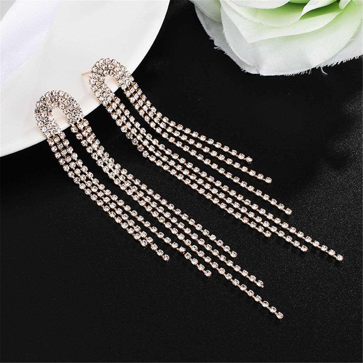 Cubic Zirconia & Goldtone Arch Tassel Drop Earrings
