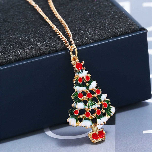 Red & Goldtone Openwork Christmas Tree Necklace & Earrings