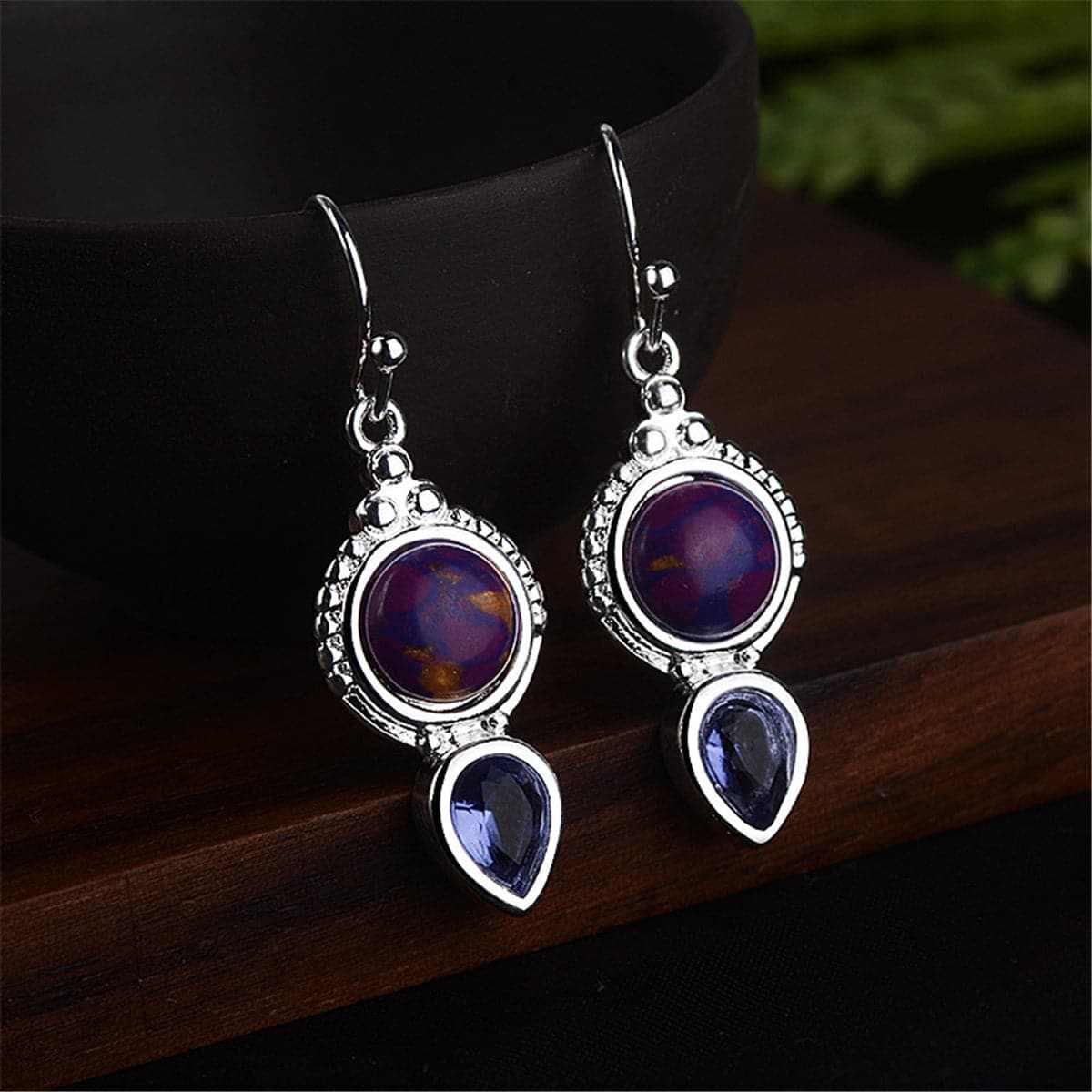 Purple Turquoise & Crystal Silvertone Pear-Cut Drop Earrings