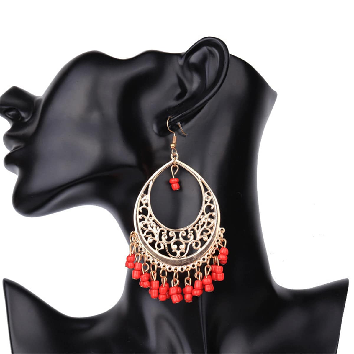 Red Turquoise & Goldtone Openwork Filigree Drop Earrings