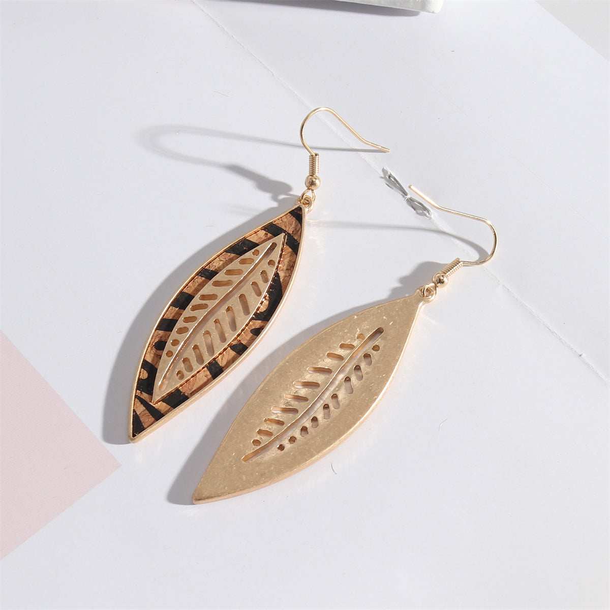 Orange Polyurethane & Goldtone Stripped Leaf Drop Earrings