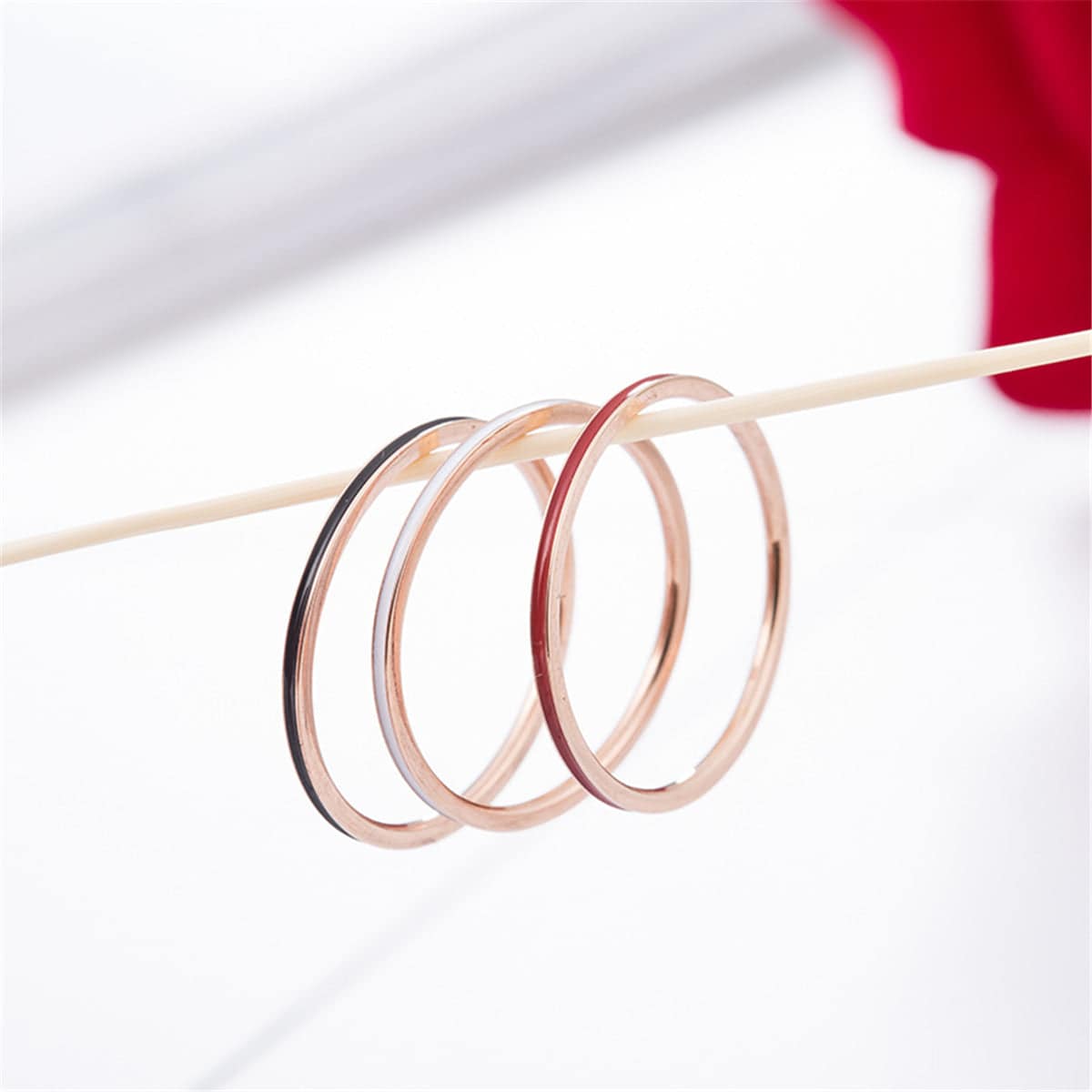 Red & Black Enamel Rose Goldtone Band Ring - Set of Three