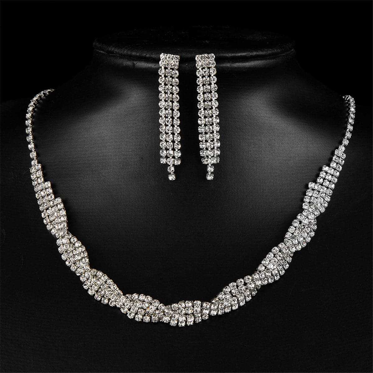 Cubic Zirconia & Silvertone Linear Drop Earrings & Necklace