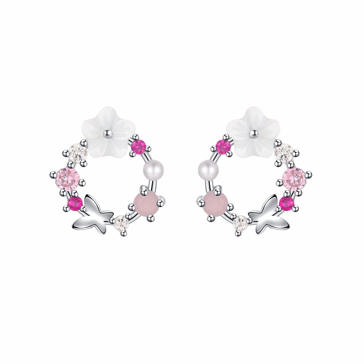 Opal & Cubic Zirconia Butterfly & Floral Stud Earrings-5