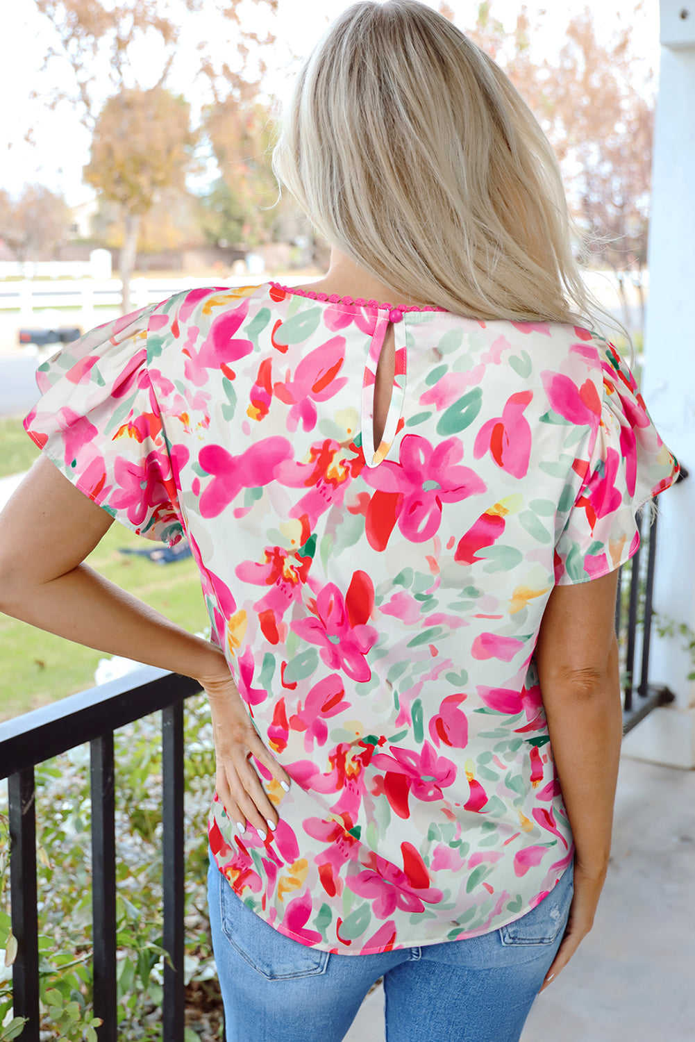 Threaded Pear Marlee Floral Flutter Sleeve Casual Blouse