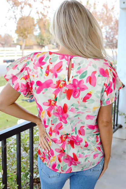 Threaded Pear Marlee Floral Flutter Sleeve Casual Blouse