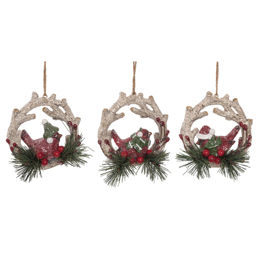 Set of 3 Resin Cardinal Wreath Ornaments for Christmas Tree Home Decorations
