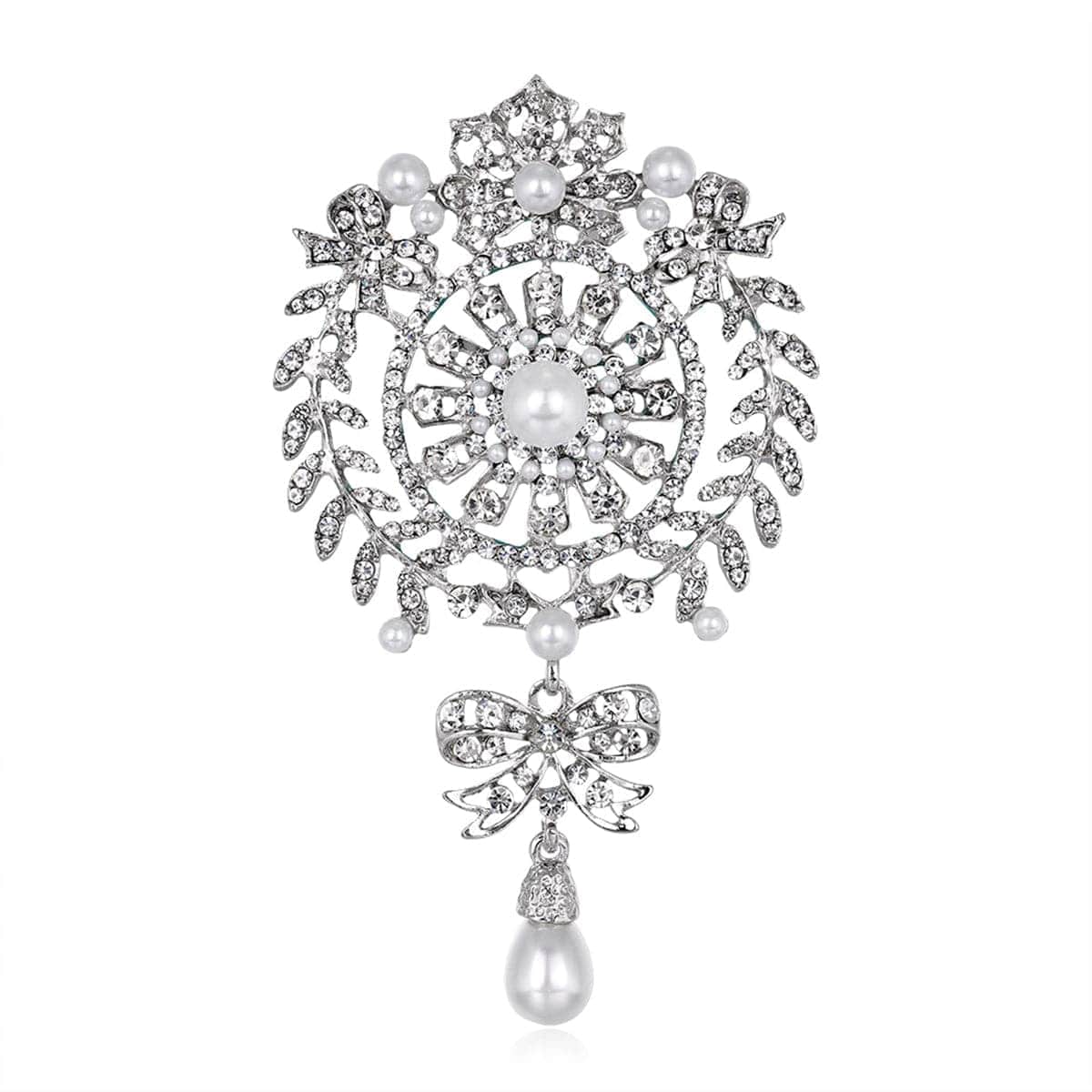 Clear Cubic Zirconia & Silvertone Botany Bow Brooch