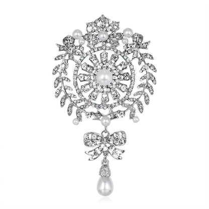 Clear Cubic Zirconia & Silvertone Botany Bow Brooch