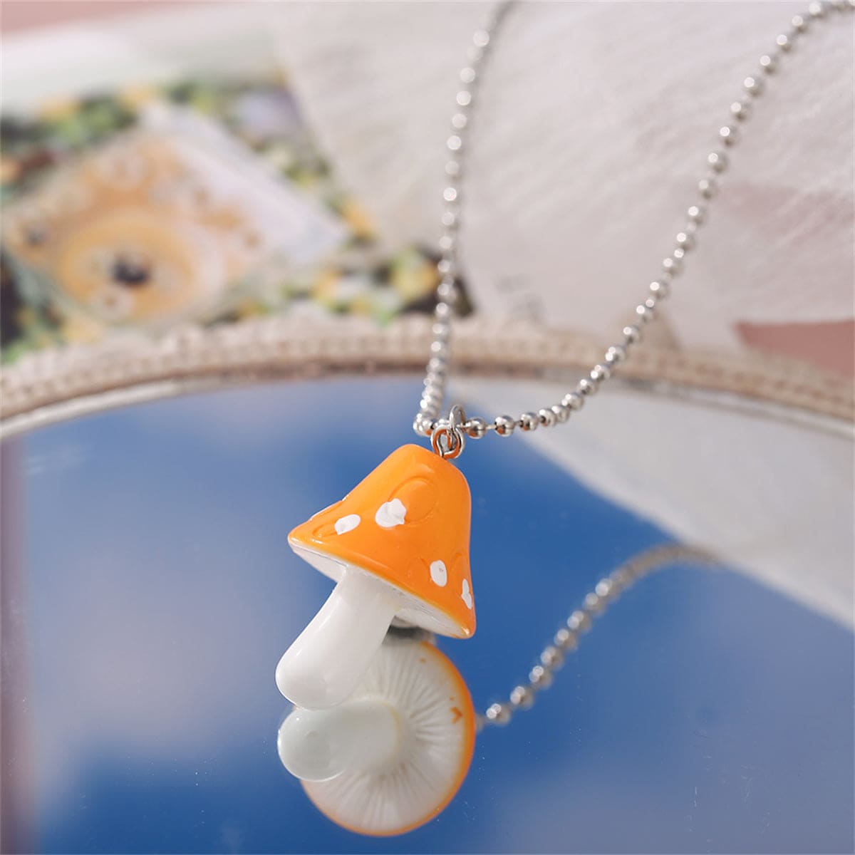 Orange Resin & Silvertone Ball Chain Mushroom Pendant Necklace