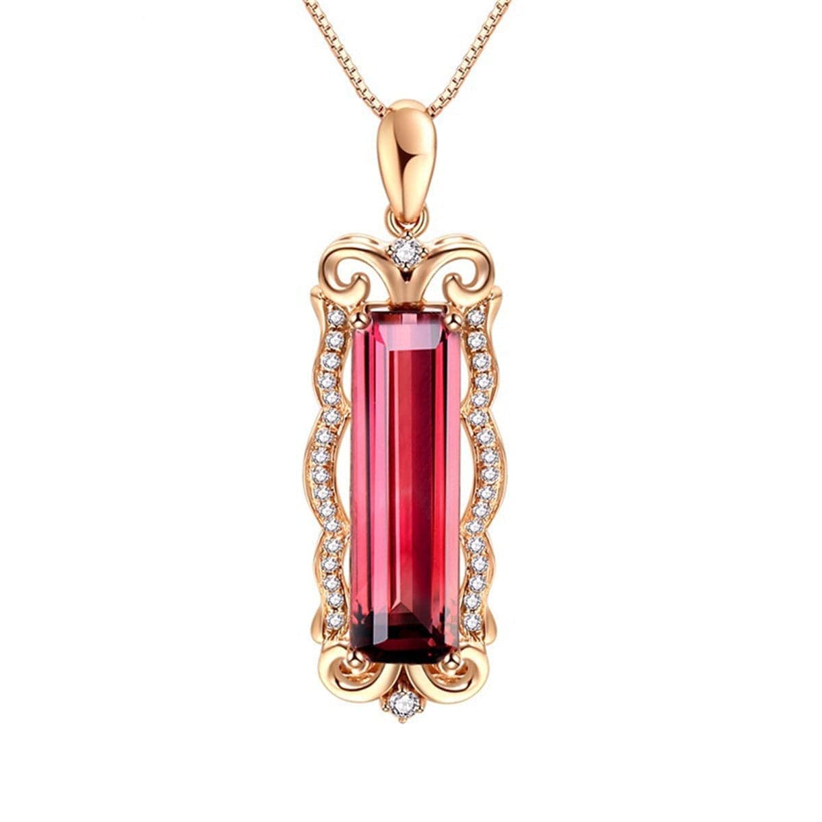 Red Crystal & Cubic Zirconia Rectangle Pendant Necklace