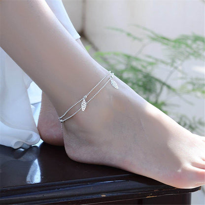 Silvertone Leaves Station Bead Chain Layered Anklet