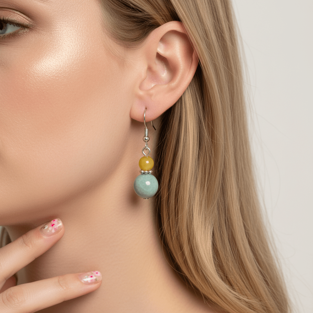 Yellow & Green Jade Silvertone ‌Gourd-Shape Hook Earrings