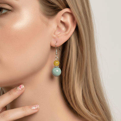 Yellow & Green Jade Silvertone ‌Gourd-Shape Hook Earrings