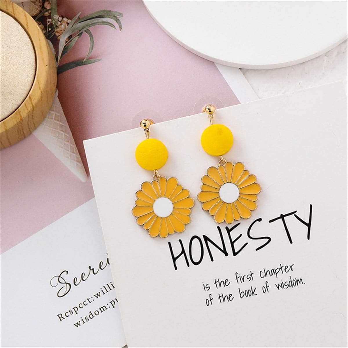 Yellow Enamel & Goldtone Mum Drop Earrings