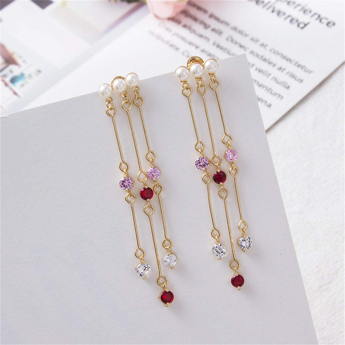Pearl & Pink Cubic Zirconia Goldtone Tassel Trio Drop Earrings