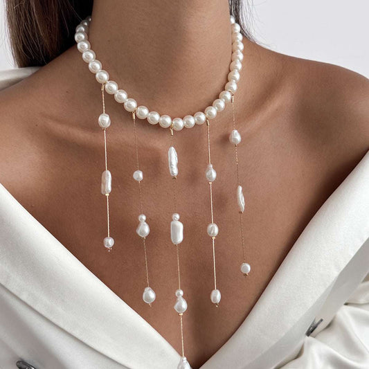 Pearl & Goldtone Tassel Collar Necklace