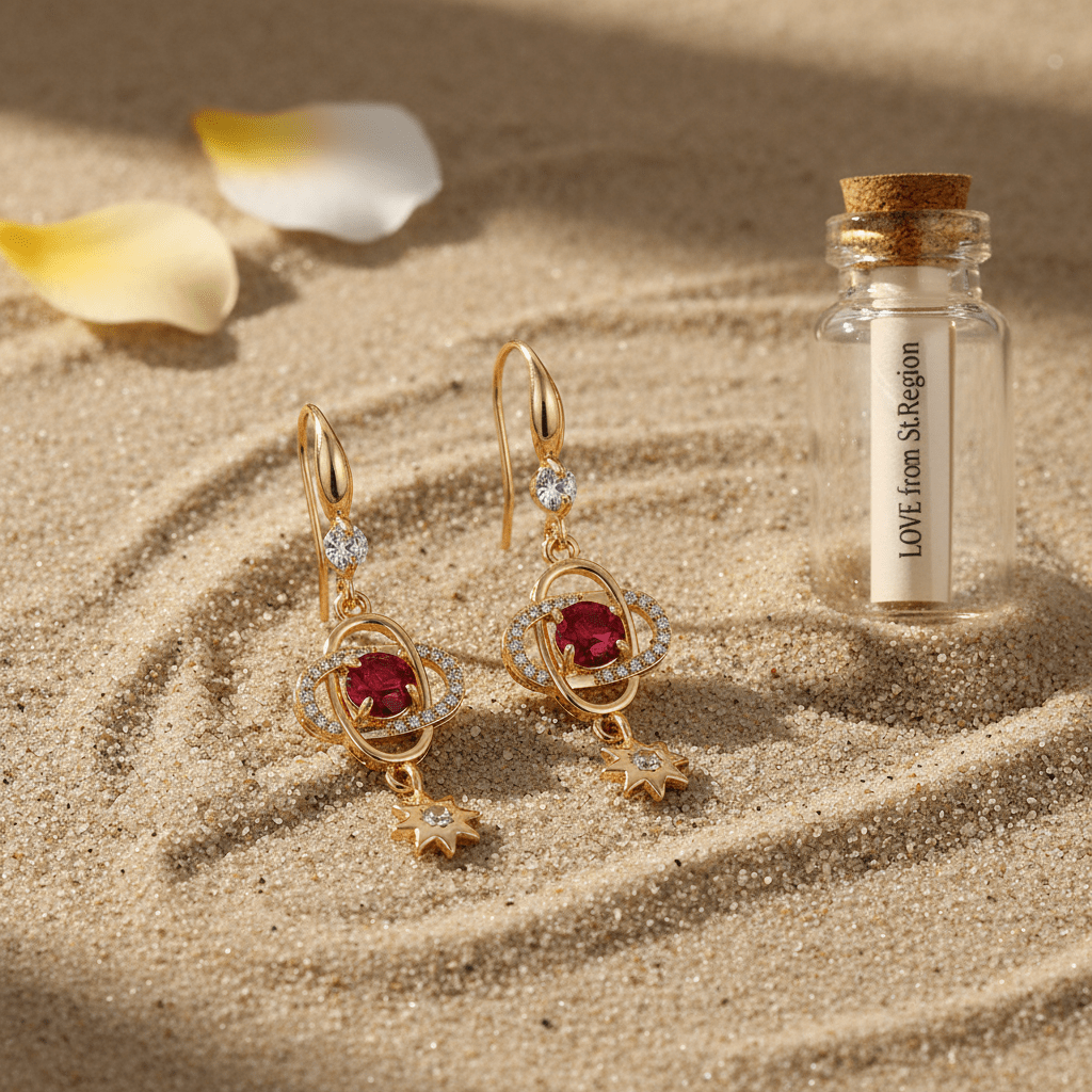 Red Crystal & Cubic Zirconia Goldtone Planet Starburst Hook Earrings
