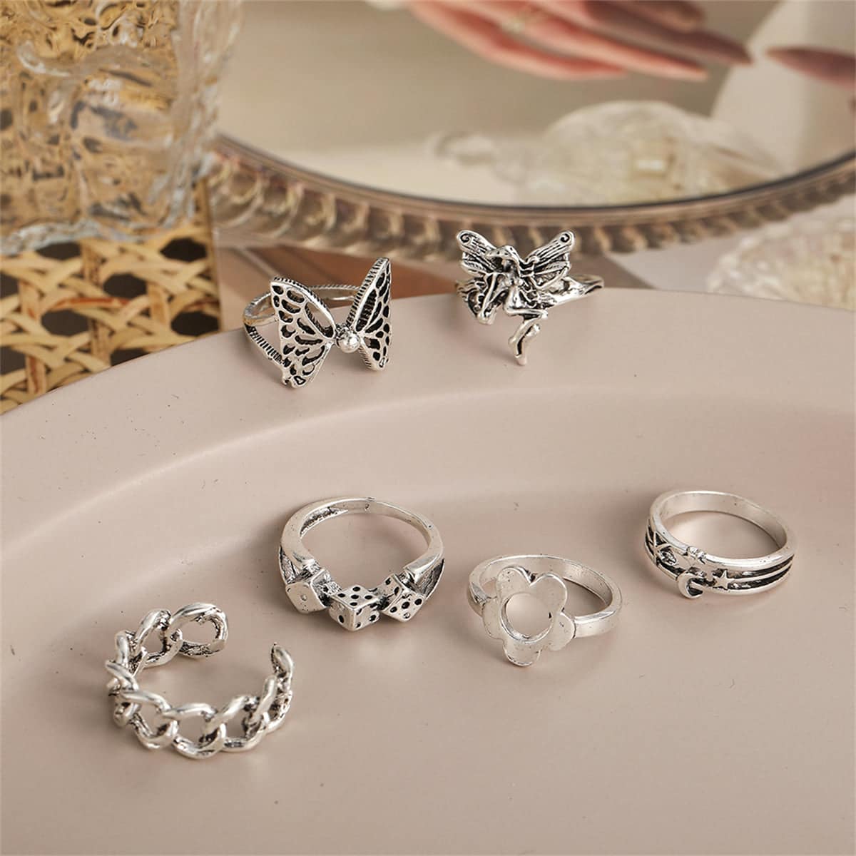 Silvertone Butterfly & Fairy Ring Set