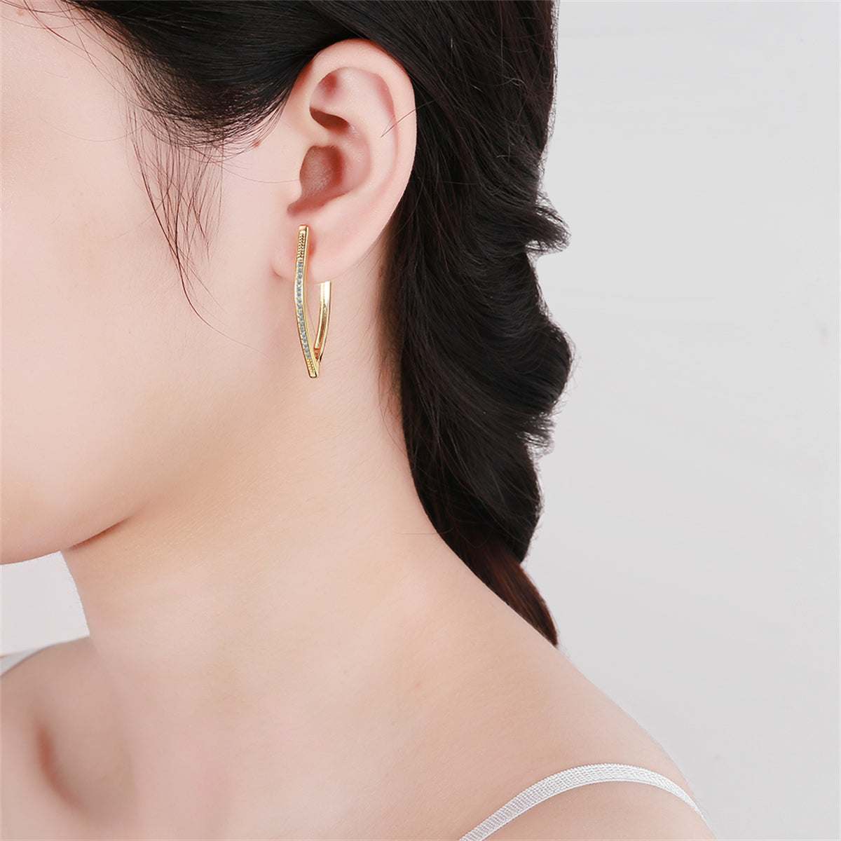 Cubic Zirconia & Goldtone Triangle Huggie Earrings