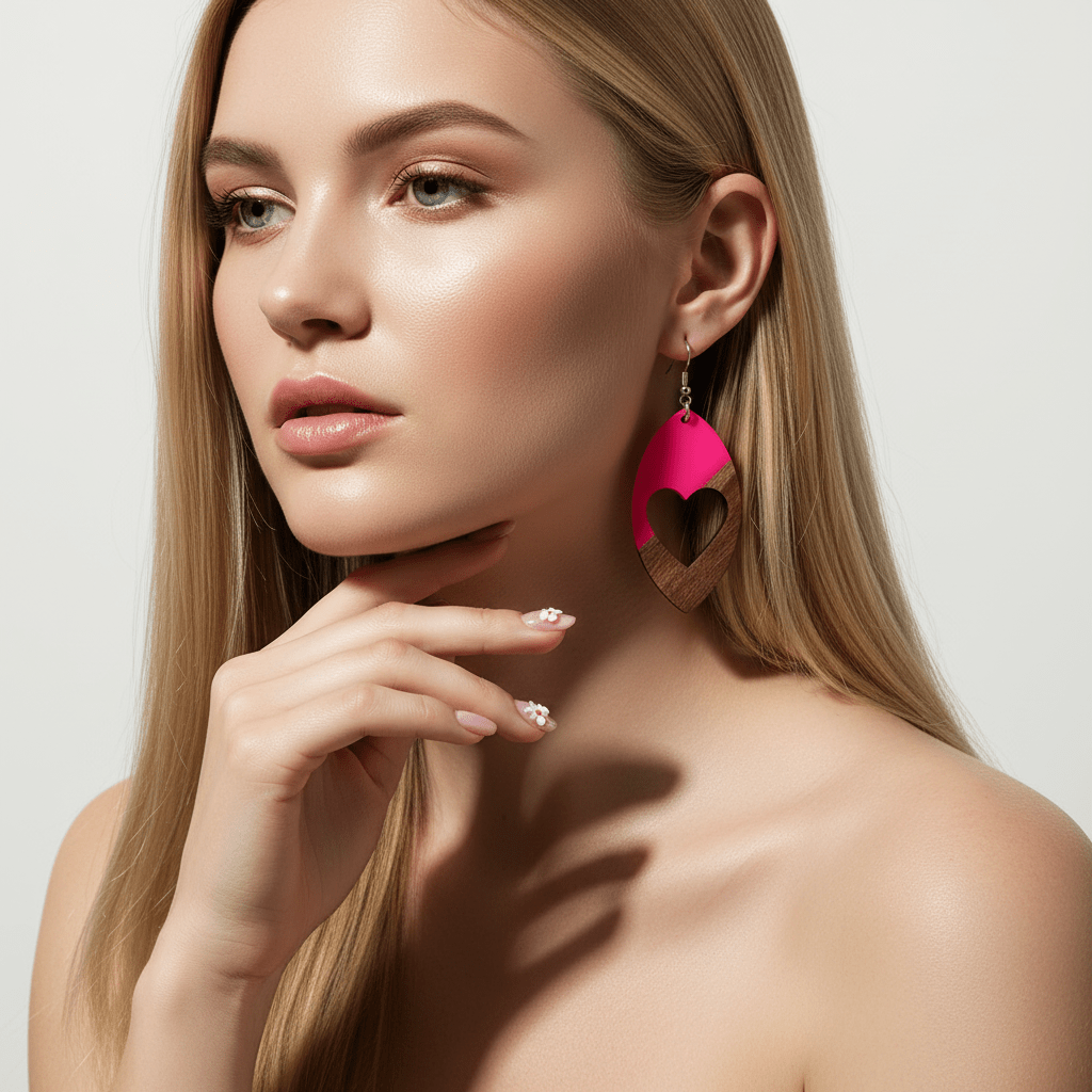 Rose Resin & Wood Silvertone Heart Leaf Hook Earrings