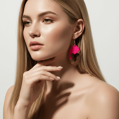 Rose Resin & Wood Silvertone Heart Leaf Hook Earrings