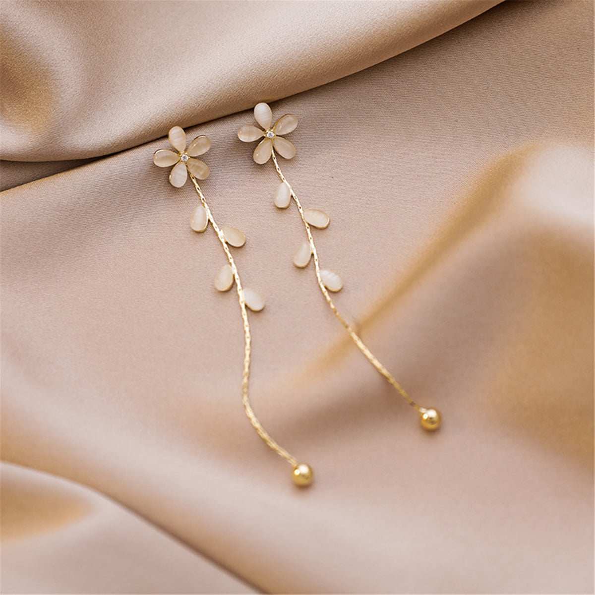 Cats Eye & Cubic Zirconia Floral Drop Earrings