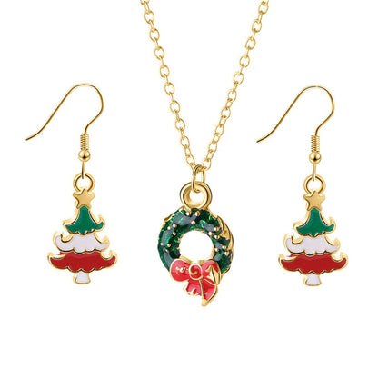 Green Enamel & Goldtone Wreath Pendant Necklace & Earrings