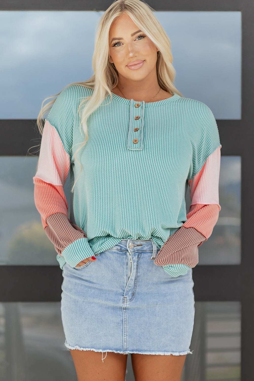 Aria Knit Colorblock Henley Top - Multicolour / L - 12/14