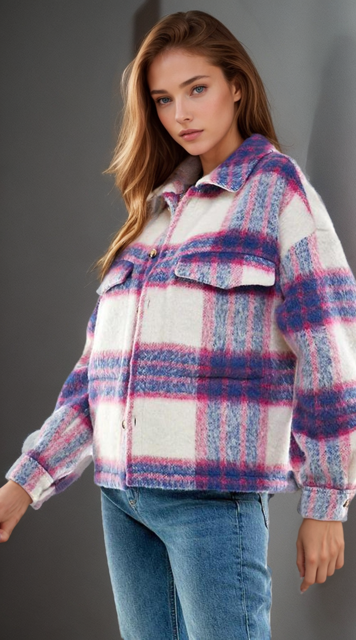 Soulful Serenity Denim Blue and Pink Brushed Plaid Shacket