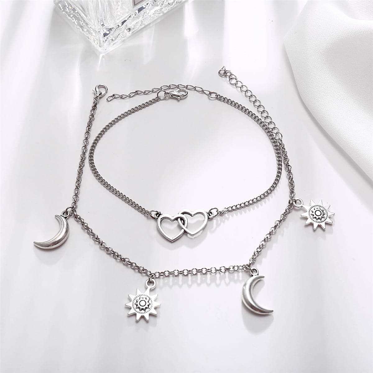 Silvertone Moon & Star Heart Charm Anklet Set