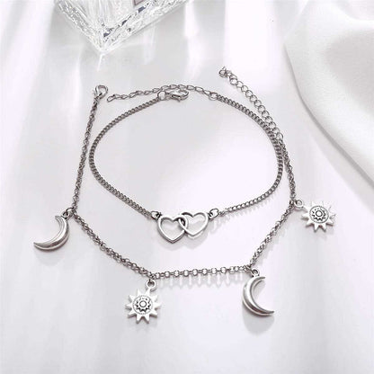 Silvertone Moon & Star Heart Charm Anklet Set