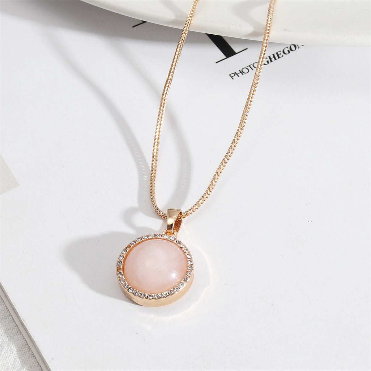 Cubic Zirconia & Pink Crystal Halo Round Wheat Chain Pendant Necklace