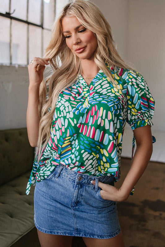 Threaded Pear Ellianna Geometric Puff Sleeve Blouse