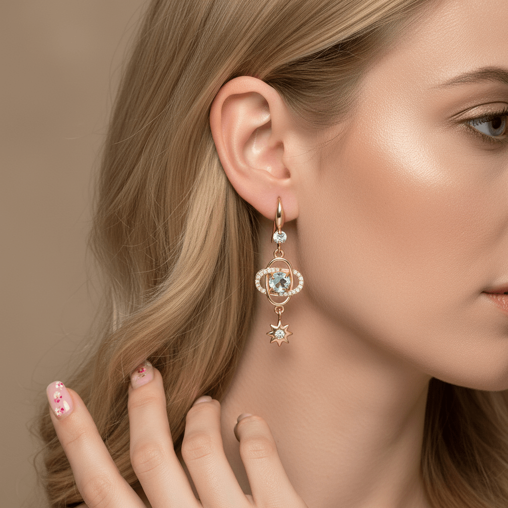 Sea Blue Crystal & Cubic Zirconia Goldtone Planet Starburst Hook Earrings