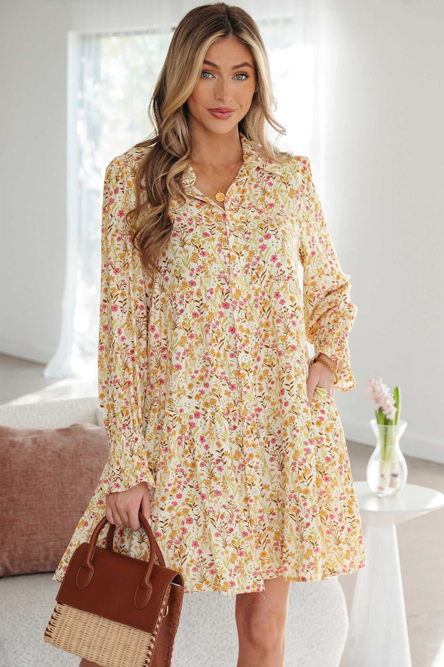 Kaiya Loose Shirt Dress Long Sleeve - Yellow / L - 12/14