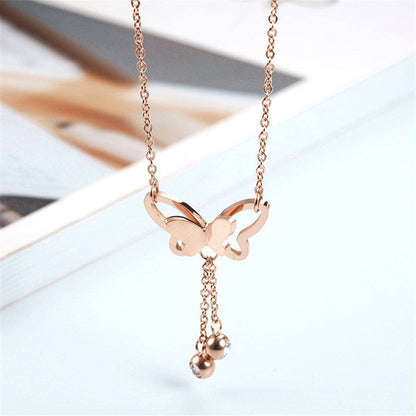 Cubic Zirconia & Rose Goldtone Butterfly Tassel Pendant Necklace