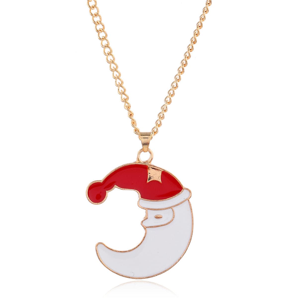 Red Enamel & Goldtone Crescent Moon Santa Pendant Necklace Set