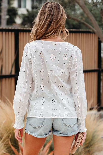 Threaded Pear Allison Eyelet Embroidered Smocked Cuff Sheer Blouse