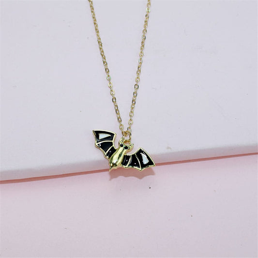 Black & Goldtone Bat Pendant Necklace & Drop Earrings