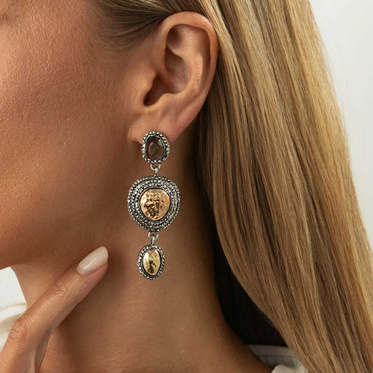 Resin & Two Tone Hammered Round Dangle Earrings