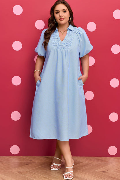 Julieta Detail Collar Midi PLUS Dress - Sky Blue Stripe / 1X - 14W-16W
