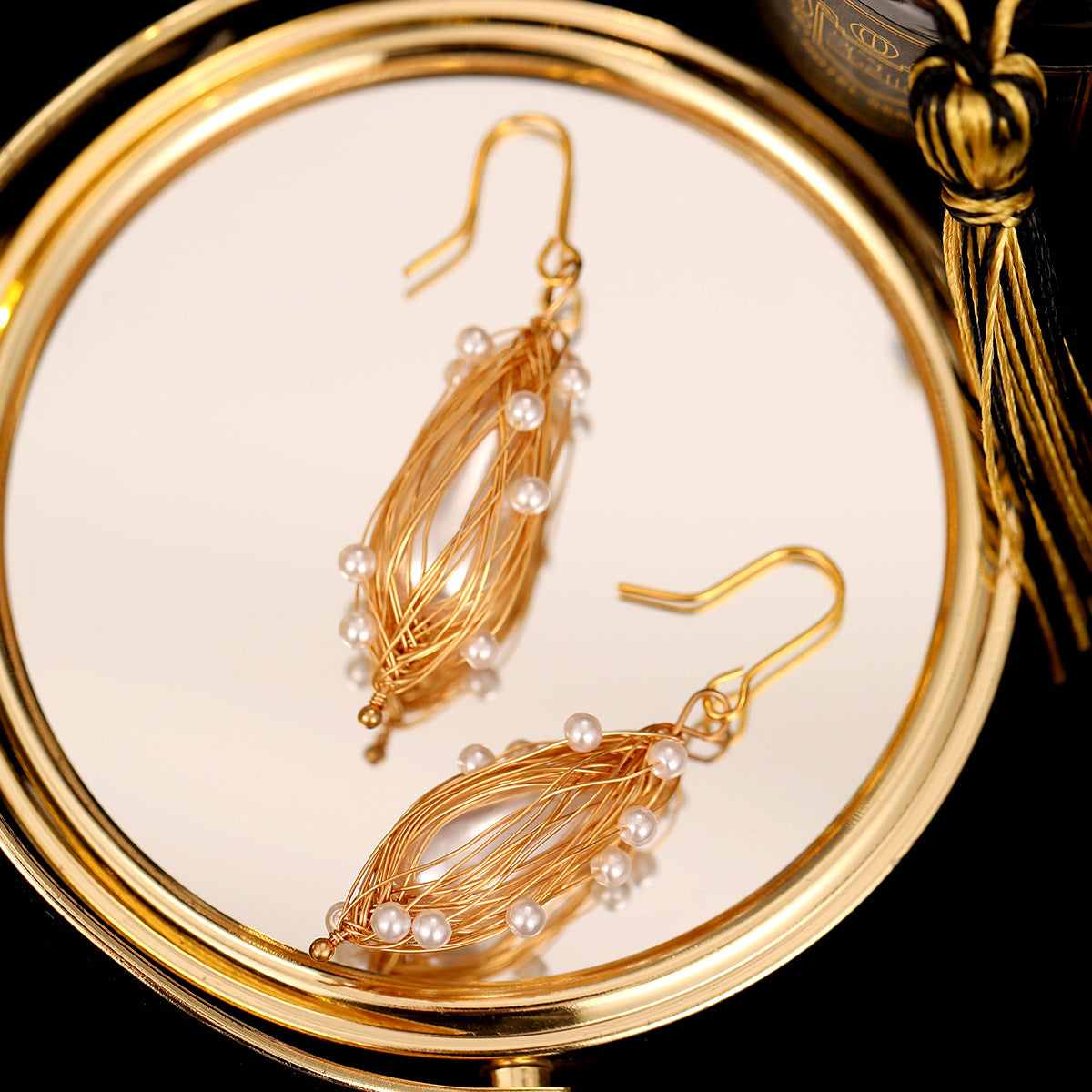 Pearl & Goldtone Nest Hook Earrings