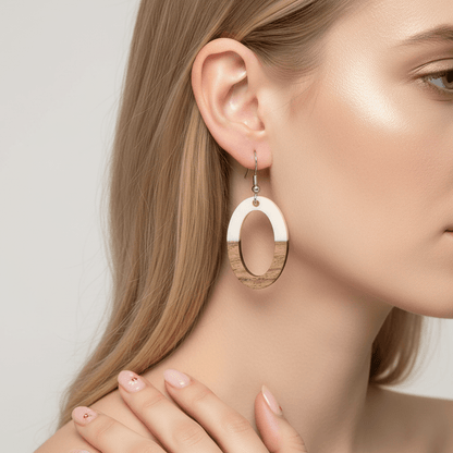 White Resin & Wood Silvertone Open Oval Hook Earrings