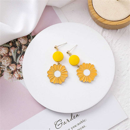 Yellow Enamel & Goldtone Mum Drop Earrings